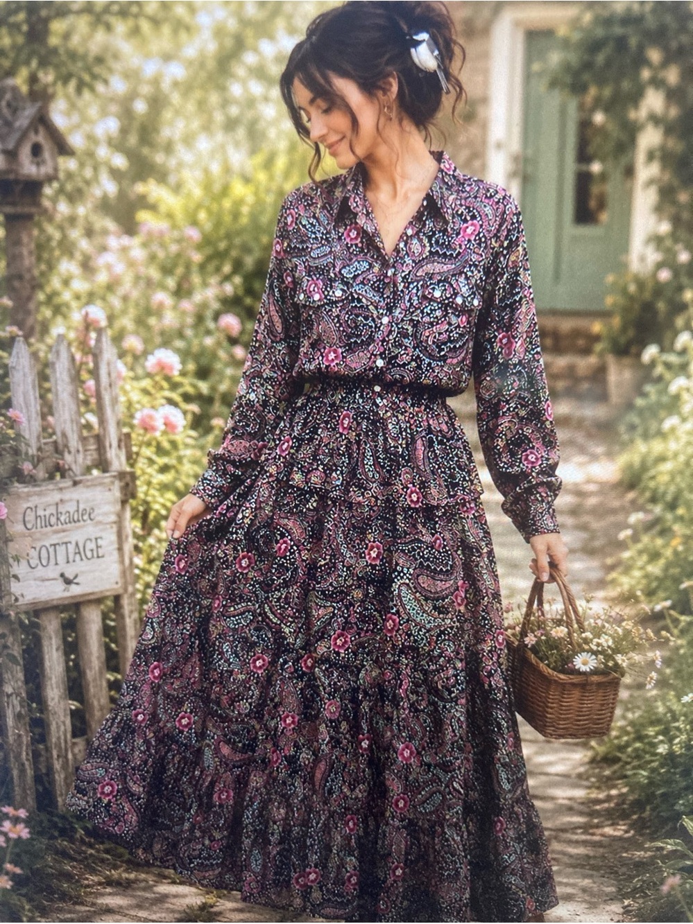 Roper Wear The West Paisley Maxi Dress with Pink Floral Accents on black